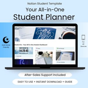May include: A laptop displays a student planner interface with the text "Your All-in-One Student Planner." The screen shows a dashboard with time, task manager, and to-do list sections. The design includes a dark mode option and is accessible on all devices.
