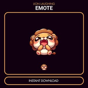Puede incluir: Descarga digital de un emote de león riendo. El león tiene una melena marrón, una cara marrón claro y está riendo con la boca abierta. El emote está sobre un fondo oscuro con el texto "LION LAUGHING EMOTE" y "INSTANT DOWNLOAD".