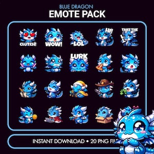 May include: A digital art pack featuring 20 blue dragon emotes for Twitch.tv. Each emote showcases a different expression or action, such as "Clutch!", "Wow!", and "Lurk". The emotes are designed with a cartoon style and are available for instant download.