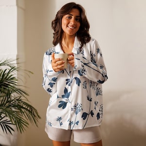 Women&#39;s Long Sleeve Pajama Top with Blue Flowers by dbvite