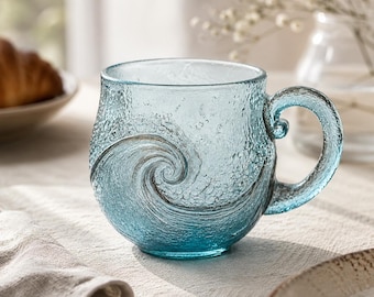 Taza de vidrio artesanal con diseño de olas del océano, taza de café costera de 355 ml, taza de té con diseño de vidrio marino