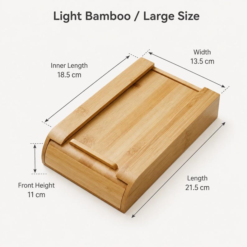 May include: A light bamboo storage box with a sliding lid. Text reads Light Bamboo / Large Size. Dimensions are labelled as 18.5 cm inner length, 13.5 cm width, 21.5 cm length, and 11 cm front height. The box has a natural wood grain finish.