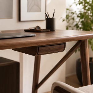 May include: A dark wood desk featuring a smooth, flat surface and a single, integrated drawer positioned directly beneath the tabletop. The desk is supported by angled wooden legs and displays a visible natural wood grain throughout its structure.