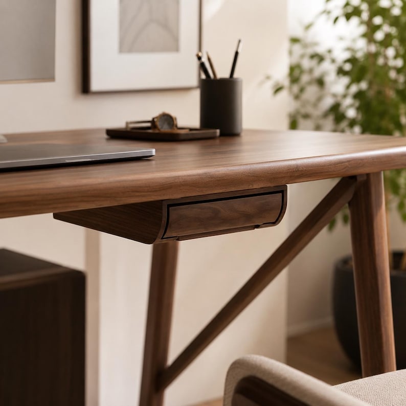May include: A dark wood desk featuring a smooth, flat surface and a single, integrated drawer positioned directly beneath the tabletop. The desk is supported by angled wooden legs and displays a visible natural wood grain throughout its structure.