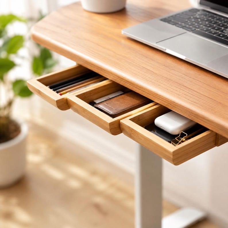 May include: A light brown wooden desk featuring three integrated pull-out drawers. The drawers contain various office supplies including pencils, a brown leather wallet, a white electronic device, and a small metal binder clip. A laptop sits on top.