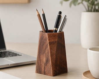 Geometric Walnut Wood Pen Holder: Handmade Desk Organizer
