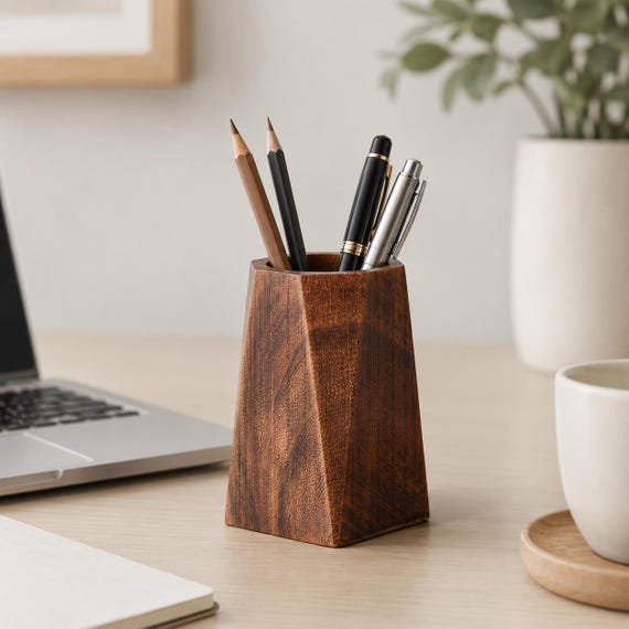 Clean geometric angles cut from real walnut — this is the pen holder that makes your whole desk look intentional.