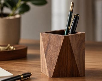 Walnut Wood Pen Holder, Geometric Desk Organizer, Modern Stationery Storage Box