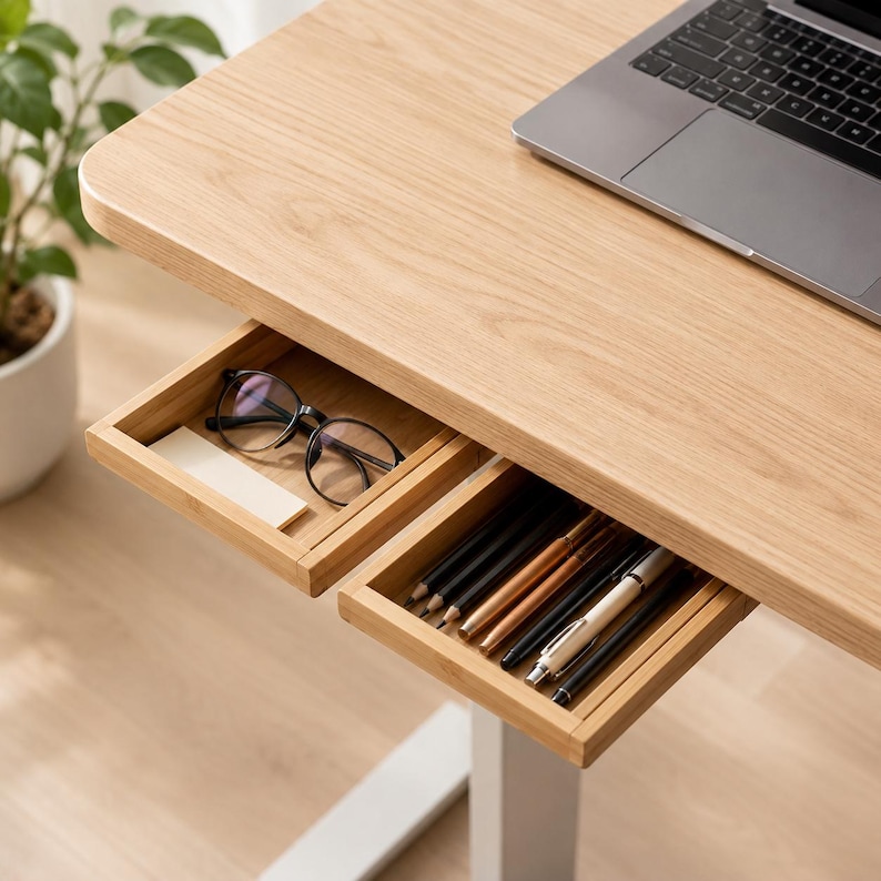 May include: A light-coloured wood desk featuring two open drawers. One drawer contains a pair of black-rimmed spectacles and a small rectangular card. The other drawer holds a collection of various pens and pencils. A laptop sits on the desk surface.