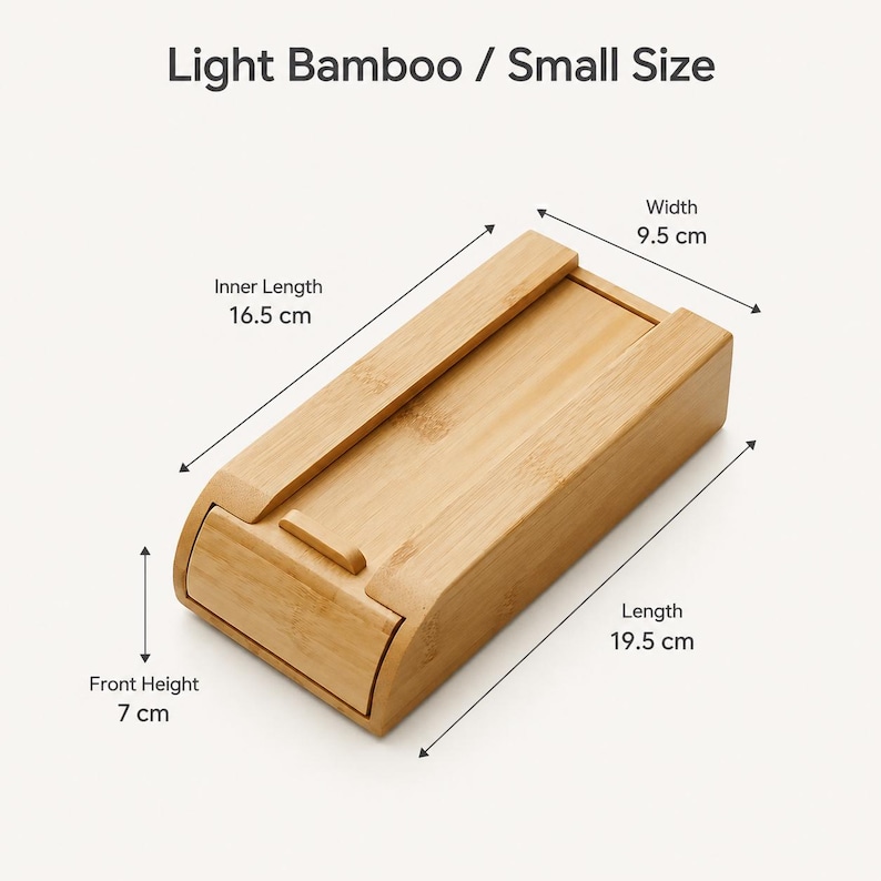 May include: A light bamboo rectangular box with a sliding lid. Text reads Light Bamboo / Small Size. Dimensions are indicated as 16.5 cm inner length, 9.5 cm width, 19.5 cm length, and 7 cm front height. The box has a natural wood grain finish.