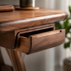 May include: A dark brown wooden desk featuring a smooth, polished surface and a single pull-out drawer with rounded edges. The wood grain is visible across the tabletop and the front panel of the drawer, showcasing a natural, rich texture.