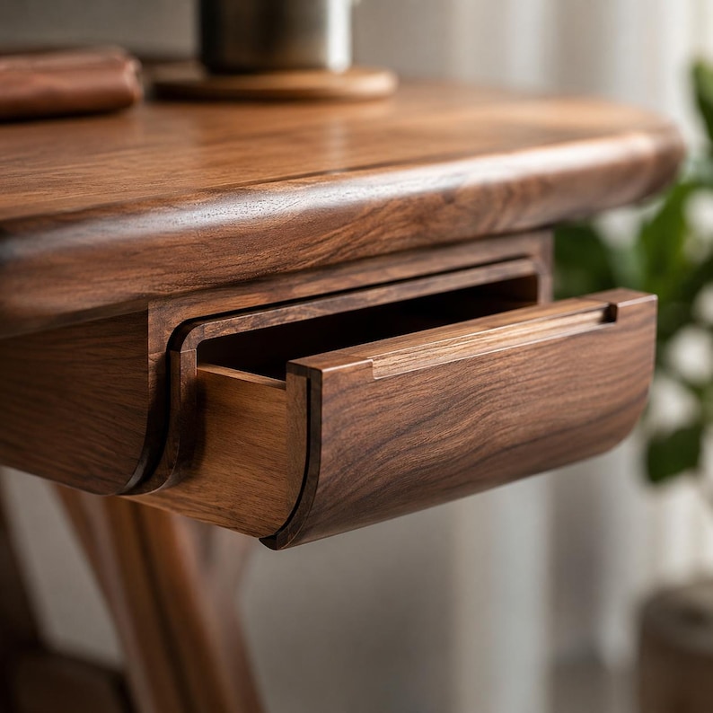 May include: A dark brown wooden desk featuring a smooth, polished surface and a single pull-out drawer with rounded edges. The wood grain is visible across the tabletop and the front panel of the drawer, showcasing a natural, rich texture.