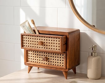 Mini Rattan Drawer Cabinet, Wooden Desktop Organizer, Boho Jewelry Storage Chest