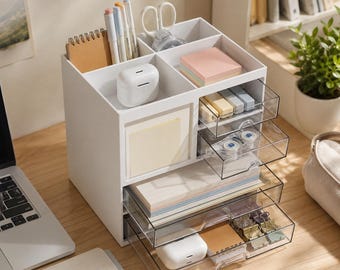 White Desktop Organizer, Plastic Drawer Storage, Pen Holder, Office Stationery, Makeup Storage