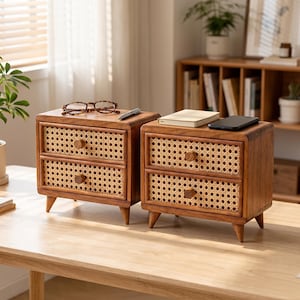 May include: Two small, wooden nightstands with two drawers each. The drawer fronts feature woven rattan panels and wooden knobs. One nightstand has eyeglasses and a pen on top, the other has a book and a smartphone.