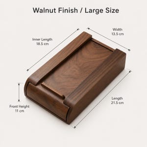 May include: A rectangular wooden box with a walnut finish and a sliding lid. The text reads Walnut Finish / Large Size. Dimensions are labelled as 13.5 cm width, 21.5 cm length, 18.5 cm inner length, and 11 cm front height with indicator arrows.