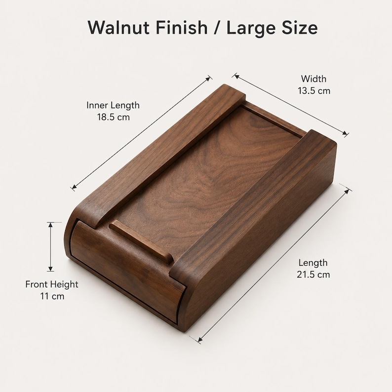 May include: A rectangular wooden box with a walnut finish and a sliding lid. The text reads Walnut Finish / Large Size. Dimensions are labelled as 13.5 cm width, 21.5 cm length, 18.5 cm inner length, and 11 cm front height with indicator arrows.