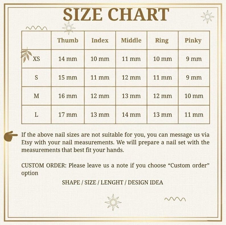 K&ouml;nnte beinhalten: Eine beige Gr&ouml;&szlig;entabelle f&uuml;r k&uuml;nstliche Fingern&auml;gel mit goldenem Rand. Die Tabelle listet die Gr&ouml;&szlig;en XS, S, M und L mit den entsprechenden Ma&szlig;en in Millimetern f&uuml;r Daumen, Zeige-, Mittel-, Ring- und kleinen Finger auf. Enth&auml;lt Anweisungen.
