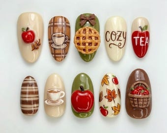 Handmade Cozy Autumn Press On Nails, 3D Apple Pie- Tea Cup & Plaid Nail Art, Warm Fall Café Almond Nails