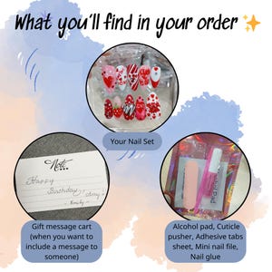 May include: An image showing the contents of an order, including a nail set with red and white designs, a gift message card, and nail care accessories. The nail set features heart, strawberry, and text designs. The gift message card is handwritten.