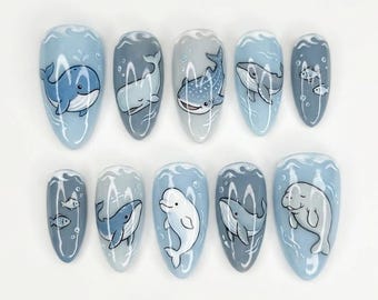 Handmade Ocean Animal Press On Nails, Blue Pastel Sea Theme