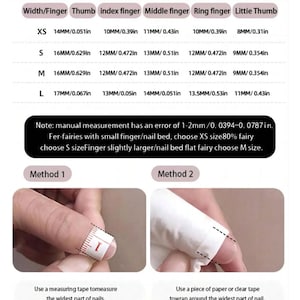 May include: A nail size chart with measurements in inches and millimeters. The chart includes sizes XS, S, M, and L, with corresponding finger widths. Instructions for measuring nails are also included, using a measuring tape or paper.