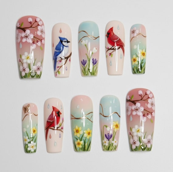 Handmade Spring Garden Press On Nails, Cherry Blossom & Bird Art, Pastel Ombre Floral Set, Nature Inspired Nails