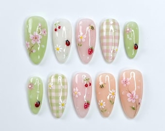 Ręcznie robione paznokcie Spring Garden Press On Nails, paznokcie z motywem kwiatowym i migdałami