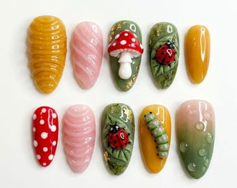 Handmade 3D Ladybug Mushroom Press On Nails, Forest Nail Art