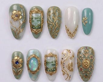 Handcrafted 3D Baroque Gold Press On Nails, Oil Painting Luxury Nail Set, Nails For Bold Vintage Renaissance Fine Art Vibes