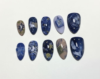 Handgemachte Sternennacht Drücken Sie auf die Nägel | Mond, Sterne, Kaninchen & Cosmic Swirl Art | Lange ovale Nägel für einen verträumten Galaxy Vibe