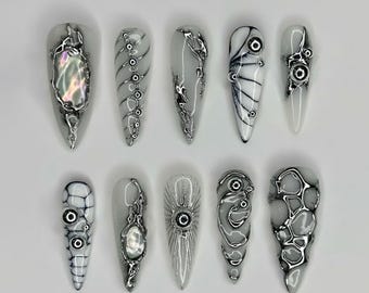 Handmade Abstract Gray Press On Nails, 3D Chrome Lines- Pearl Accent- Futuristic Nail Art, Silver Long Stiletto Nails