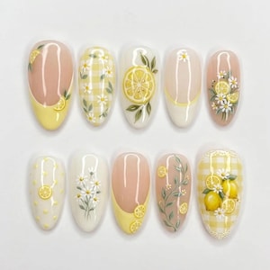 Handmade Lemon & Daisy Press On Nails, Cottagecore Gingham Design, Yellow Fruit Garden Art, Nails For Bold Artistic Vibes