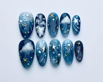 Handmade Starry Dream Press On Nails | 3D Cloud, Pearl, and Gold Star Accents