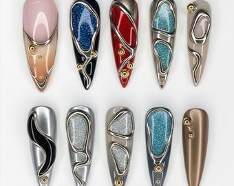Futuristic Abstract Metallic Press On Nails – Chrome 3D Art Design with Gold & Silver Accents