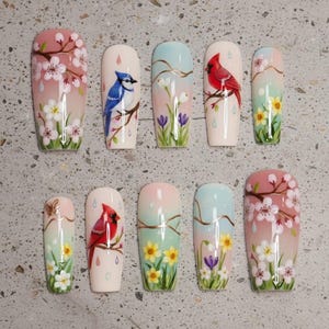 May include: A set of ten press-on nails featuring hand-painted designs of blue jays, red cardinals, butterflies, and spring flowers including cherry blossoms, daffodils, and crocuses against soft pastel backgrounds with gold line accents.