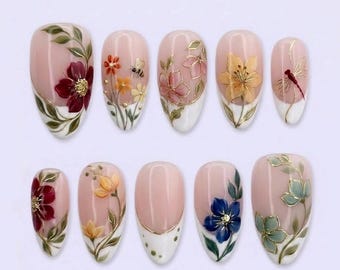 Hand-painted Floral Bee Dragonfly Nails, Botanical French Tip Art, Golden Garden Press-Ons