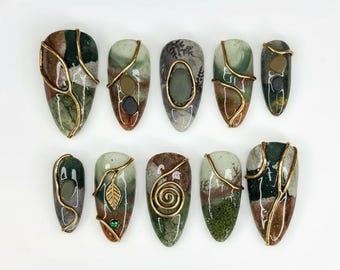 Handmade Forest Stone Press On Nails, Earth Tone Marble- Gold Wire Art- Organic Nature Nail Design, Almond Nails For Earthy