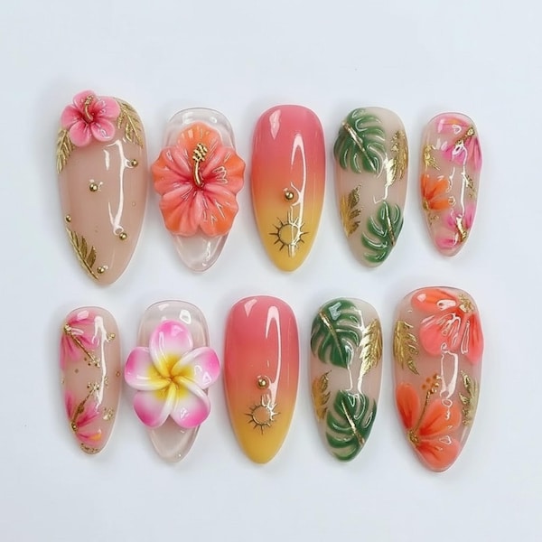 Handmade Tropical Flower Press On Nails, 3D Hibiscus Nail Set, Palm Leaves & Sunset Gradient, Summer Almond Nails