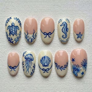 Handmade Coastal Porcelain Press On Nails, Sea Life Nail Set, Turtle & Shell Accents, Nails For Elegant Ocean Vibes