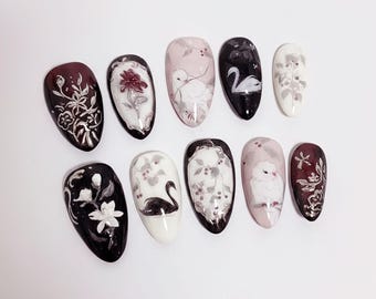 Handmade Elegant Swan Press On Nails | Black & White Birds With Floral Art | Almond Nails For Romantic Vintage Vibe