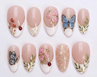 Coquette française faite main à presser sur les ongles, rose et papillon roses en relief 3D, ensemble de touches de paillettes dorées vintage, jolie ambiance de jardin romantique