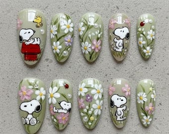 Handmade Sno.opy Spring Press On Nails, 3D Daisy Floral Nail Set, Pastel Green Garden Art, Kawaii Cartoon Nails