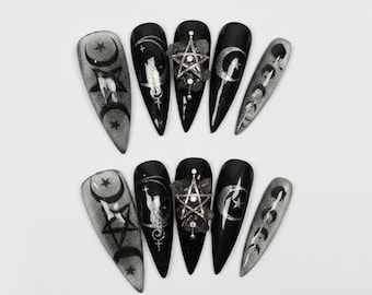 Handmade Dark Mystic Press On Nails | Moon Phases, Pentagram Charm & Celestial Details | Long Black Stiletto Nails For Witchy Look