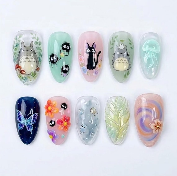 Handmade Wonderland Press On Nails, 3D Toto.ro and Ji.ji Cat Art, Soot Sprite & Jellyfish Design, Anime Nail Set