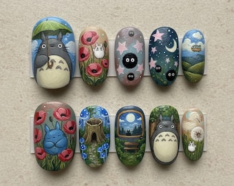 Handmade Toto.ro Press On Nails, G.hibli Forest Nail Art, Hand-Painted Characters Nails, Nature Scenes Nail Set
