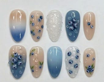Handmade 3D Blueberry Press On Nails, Realistic Water Drop Accents, Ombre Blue Nails