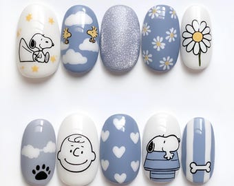 Snoopy Press On Nails Set – Blue Daisy Nails, Cloud Cartoon Nails, Cute Kawaii Handmade False Nails, Peanuts Inspired Nail Art