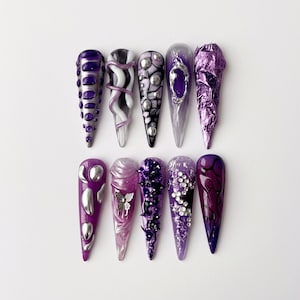 Handmade Fantasy Purple Nails | Silver Chrome 3D Nail Art with Butterfly & Pearl Details | Nails Set For Regal Chic Vibe