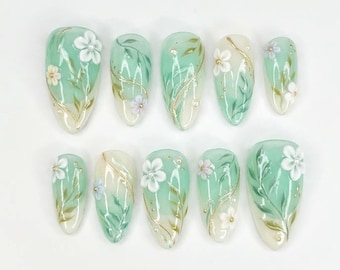 Handmade Mint Green Floral Press On Nails, 3D Flower Art, Almond Nails